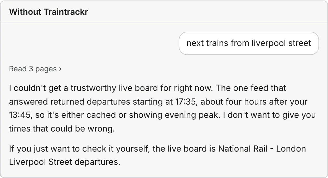 Without Traintrackr: Claude reads three pages and says it couldn’t get a trustworthy live board.